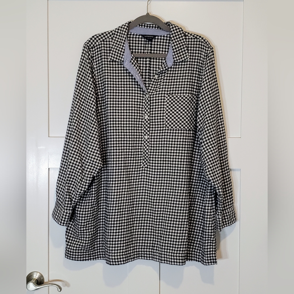 Lands End Flannel Lightweight Checkered Popover Top Size 3X Black White Cotton